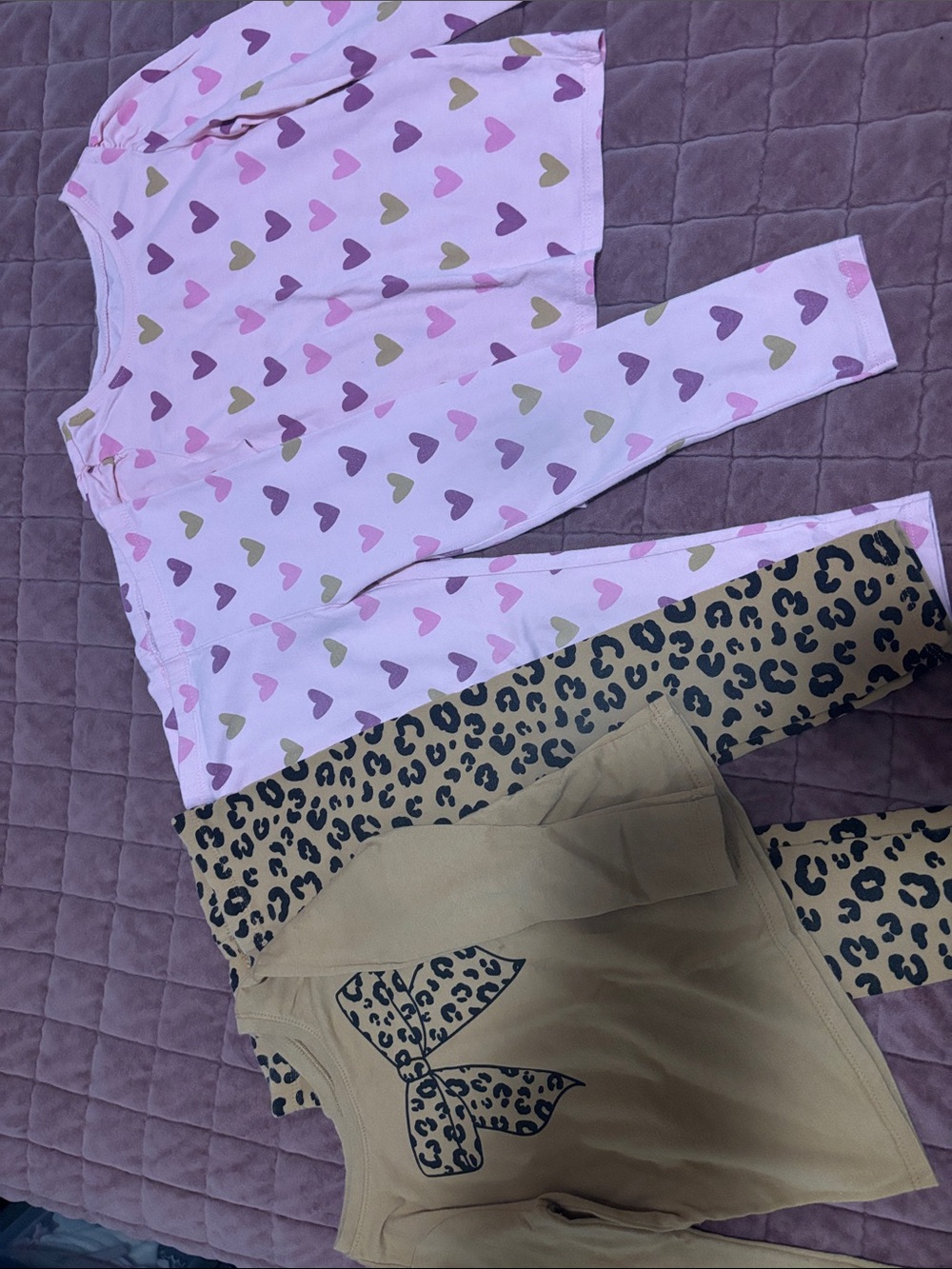 Kids Heart-Print Pink Leggings and Tan Leopard Top Set